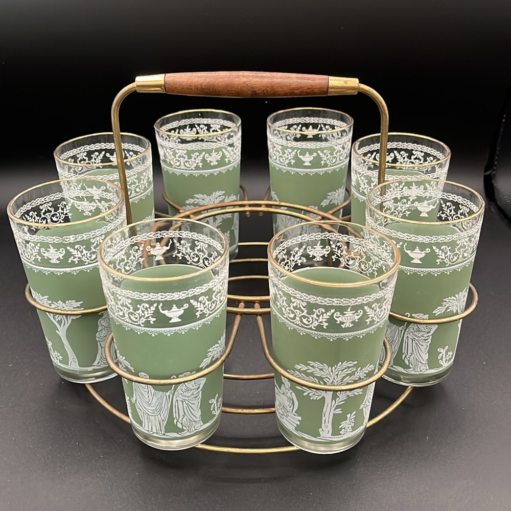 Vintage Wedgewood Jasperware Hellenic Jeanette Green Greek Glasses and Caddy